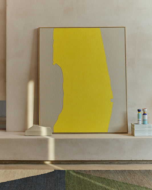 Tableau abstrait Kelta en lin jaune peint à la main 140 x 170 cm