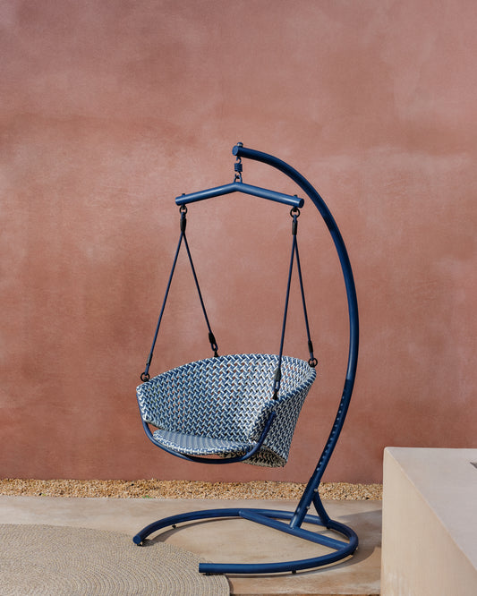 Fauteuil suspendu sur pied Saliga en aluminium et rotin synthétique bleu