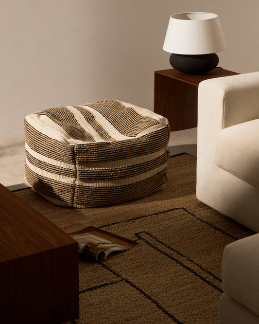 Pouf Aylin en coton et broderie en jute beige 60 x 60 cm