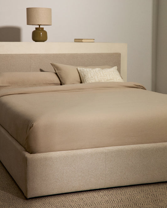 Lit Nahiri en chenille beige avec coffre relevable pour matelas de 150 x 200 cm
