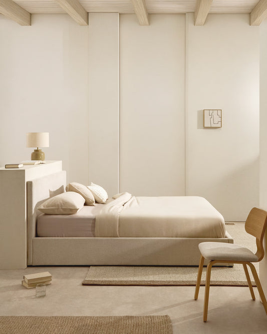 Lit Nahiri en chenille beige avec coffre relevable pour matelas de 160 x 200 cm