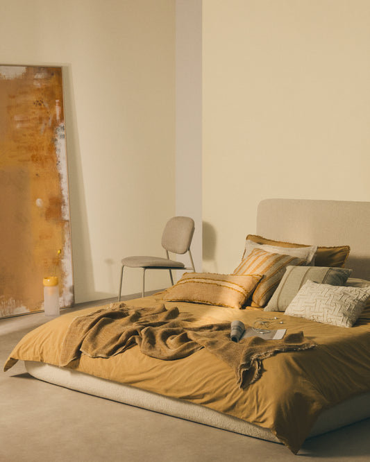 Ensemble Sifinia housse de couette et taies d’oreiller 100 % en percale de coton franges couleur moutarde lit 150 cm