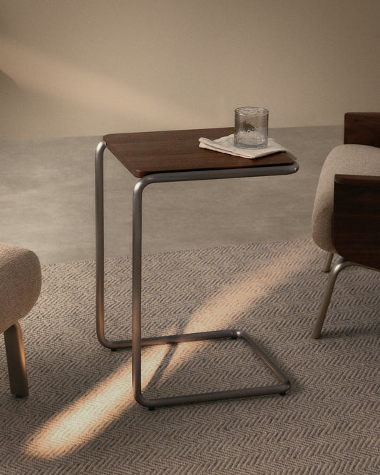 Table auxiliaire Tarsel en placage de noyer avec structure en acier inoxydable brossé 42 x 60 cm