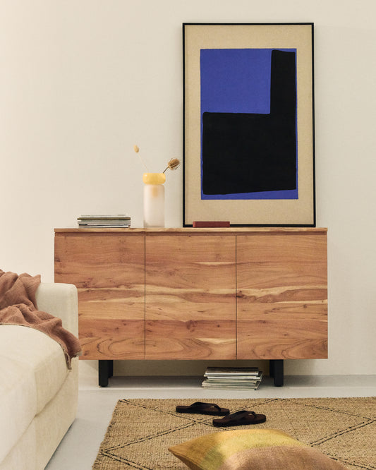 Buffet Uxue 3 portes en bois d’acacia avec finition blanchie 150 x 88 cm