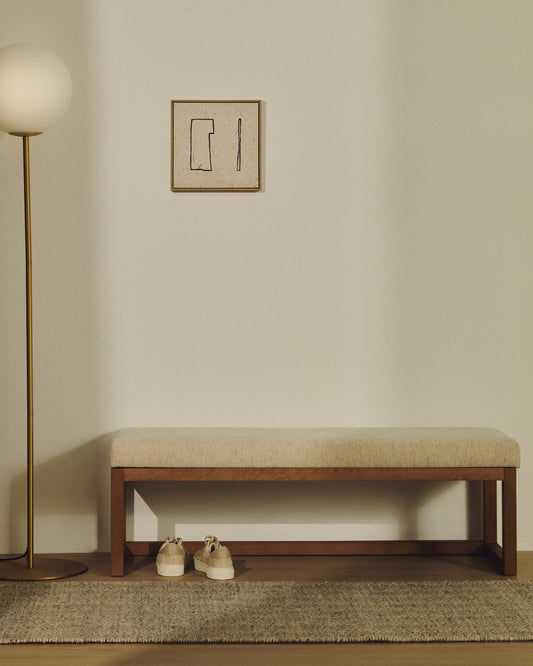 Banquette Loya en chenille beige et bois de hêtre avec finition en ton noyer 128 cm