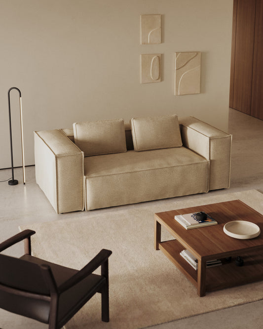 Canapé Blok 2 places version ignifugée en velours côtelé épais écru 210 cm FSC Mix Credit