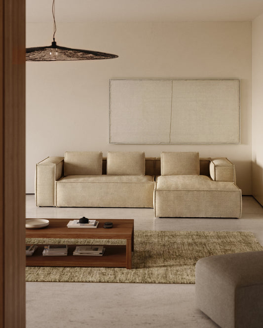 Canapé Blok 3 places en velours côtelé épais coloris naturel avec méridienne droite 300 cm – Certifié FSC Mix Credit