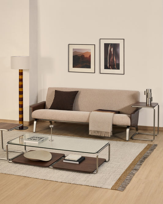 Canapé Amsen marron clair de 3 places en contreplaqué de noyer avec pieds en acier inoxydable brossé 205 cm