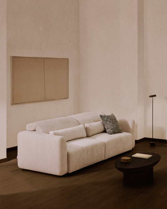 Canapé Lares 4 places avec sièges coulissants électriques et appui-tête inclinable en chenille beige 290 cm