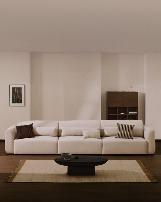Canapé Lares 6 places avec sièges coulissants électriques et appui-tête inclinable en chenille beige 410 cm
