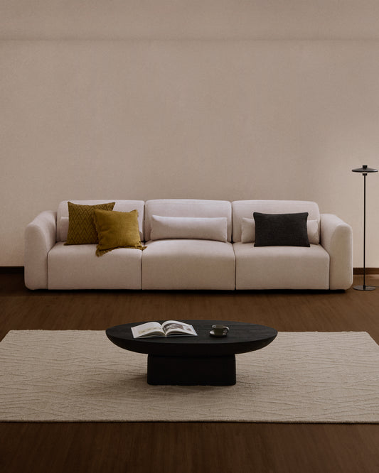 Canapé Lares 5 places avec sièges coulissants électriques et appui-tête inclinable en chenille beige 335 cm