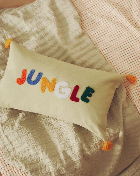 Housse de coussin Tandani en coton vert avec lettres brodées multicolores 30 x 50 cm