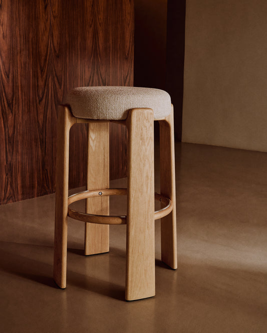 Tabouret Granite en tissu chenille beige et bois de frêne avec finition ton naturel FSC 100 % 75 cm