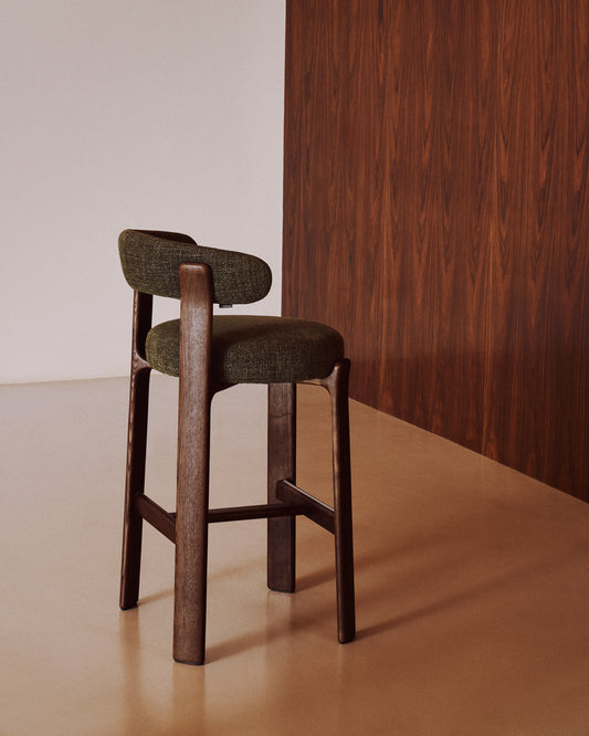 Tabouret Granite en tissu chenille verte et bois de frêne avec finition ton noyer FSC 100 % 75 cm