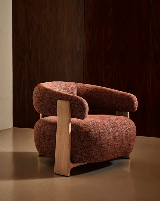 Fauteuil Granite tissu chenille terracotta pieds bois de frêne finition ton naturel FSC 100 %