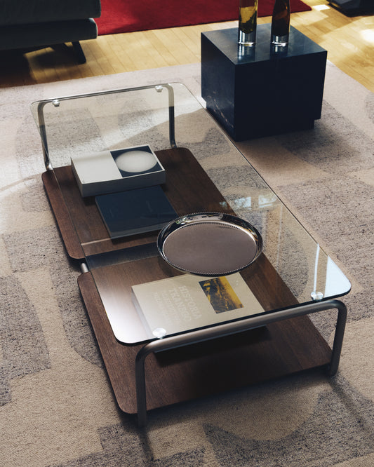 Table basse Tarsel en verre trempé et plateau en placage de noyer avec structure en acier inoxydable brossé 140 x 60 cm FSC 100%