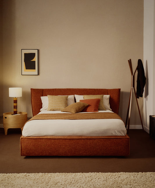 Lit déhoussable Arvian en chenille terracotta avec coffre relevable pour matelas de 160 x 200 cm