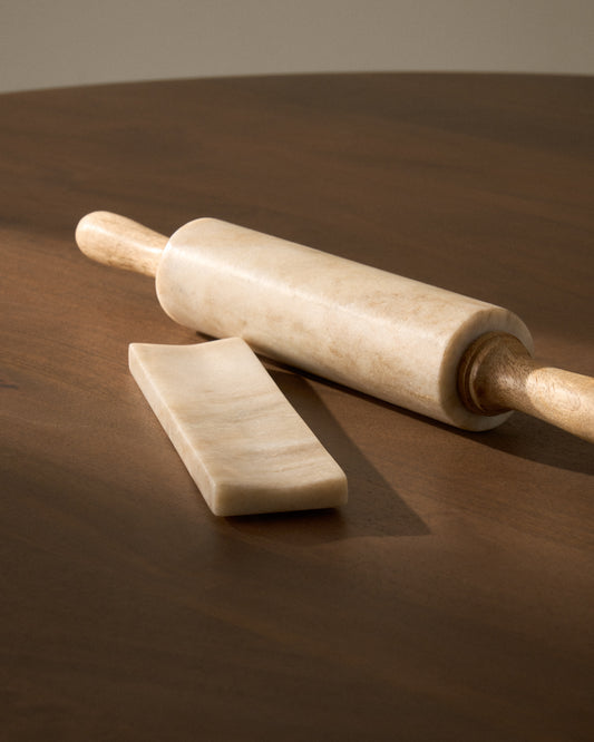 Rouleau à pâtisserie Nolvet en marbre beige et bois de manguier