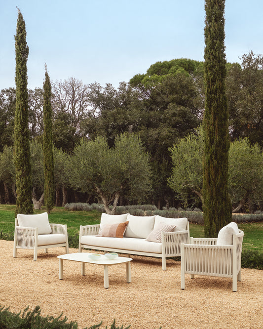 Ensemble Aleria avec canapé 3 places, 2 fauteuils et table basse en aluminium et corde synthétique écru