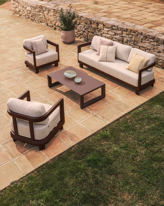 Set Nerano avec canapé 3 places, 2 fauteuils et table basse en verre trempé et aluminium marron