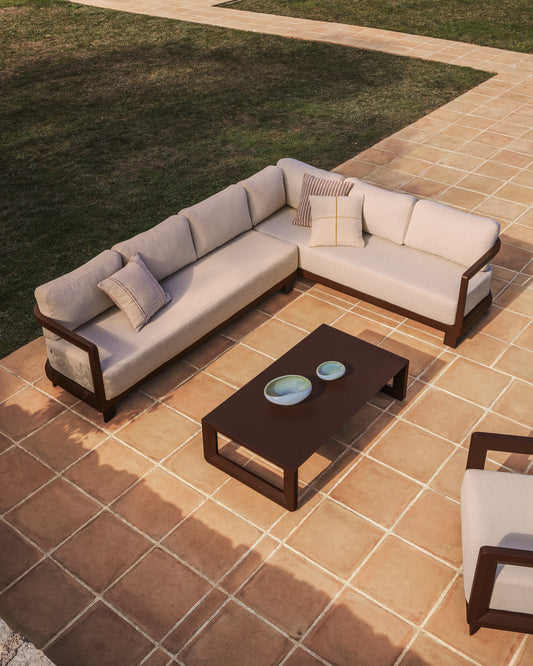 Set Nerano avec canapé d’angle 5 places et table basse en verre trempé et aluminium marron