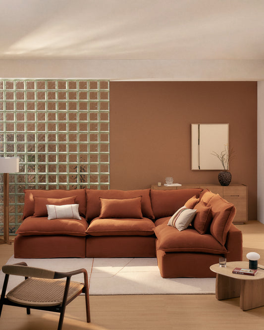 Canapé d’angle modulable déhoussable Anarela 6 places en 100 % lin terracotta 327 x 217 cm / 217 x 327 cm FSC Mix Credit