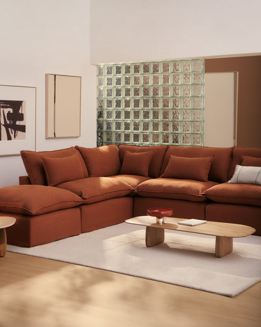 Canapé d’angle modulable déhoussable Anarela 6 places en 100 % lin terracotta 307 x 347 cm FSC Mix Credit