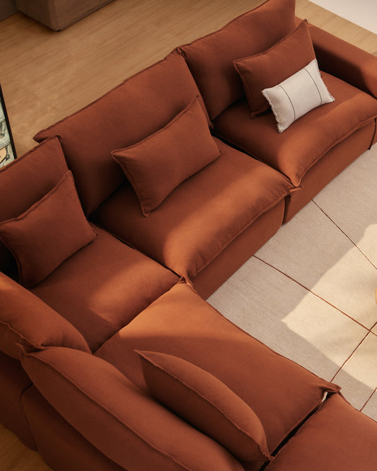 Canapé d’angle modulable déhoussable Anarela 4 places en 100 % lin terracotta 287 x 307 cm FSC Mix Credit