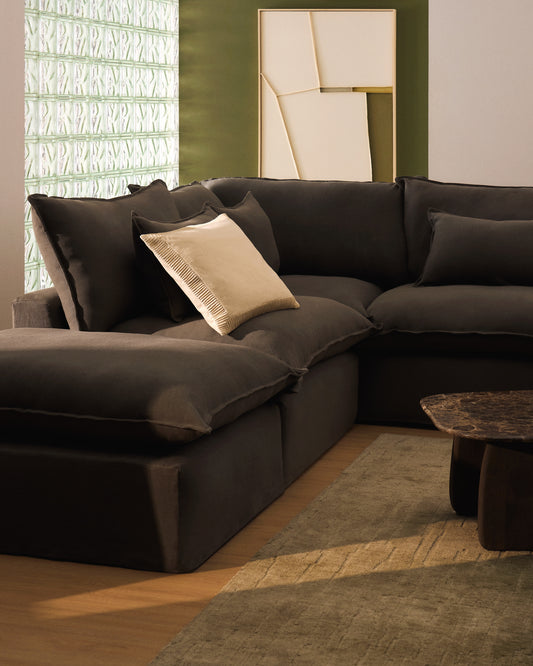 Canapé d’angle modulable déhoussable Anarela 4 places en 100 % lin taupe 287 x 307 cm FSC Mix Credit