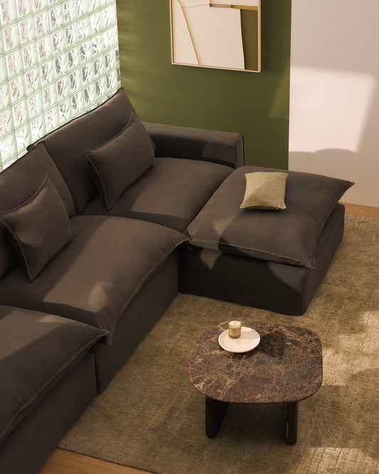 Canapé d’angle modulable déhoussable Anarela 4 places en 100 % lin taupe 307 x 287 cm FSC Mix Credit