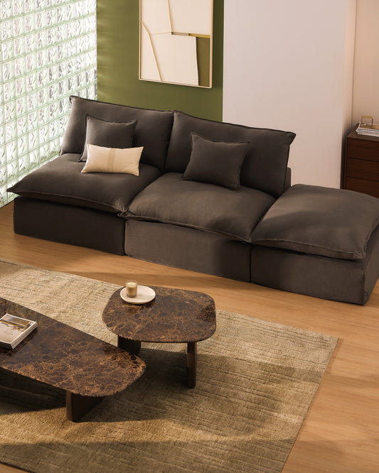 Canapé modulable déhoussable Anarela 3 places avec pouf terminal en 100 % lin taupe 310 cm FSC Mix Credit