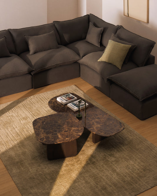 Canapé d’angle modulable déhoussable Anarela 6 places en 100 % lin taupe 347 x 307 cm FSC Mix Credit