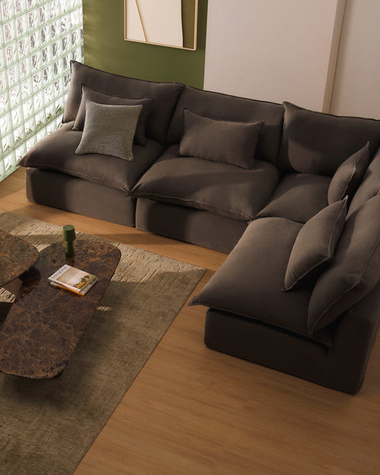 Canapé d’angle modulable déhoussable Anarela 6 places en 100 % lin taupe 327 x 217 cm / 217 x 327 cm FSC Mix Credit