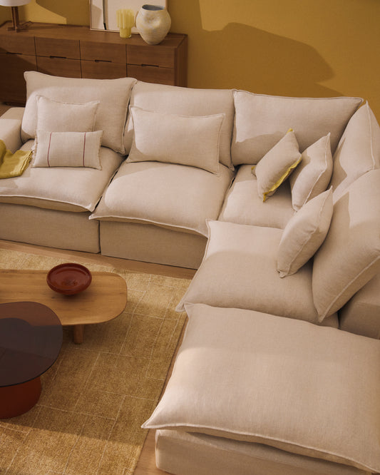Canapé d’angle modulable déhoussable Anarela 6 places en lin et viscose beige 347 x 307 cm FSC Mix Credit