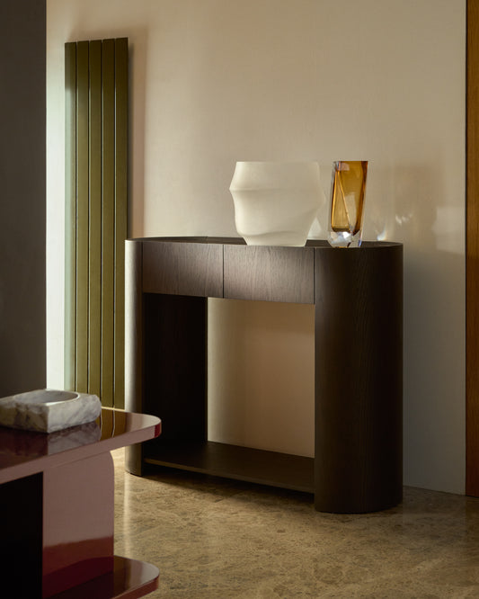 Console Nemore 2 tiroirs en placage de chêne et plateau en céramique avec effet marbre Emperador FSC Mix Credit 120 x 90 cm