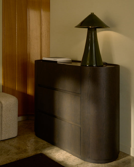 Commode Nemore 3 tiroirs en placage de chêne et plateau en céramique avec effet marbre Emperador FSC Mix Credit 120 x 45 cm