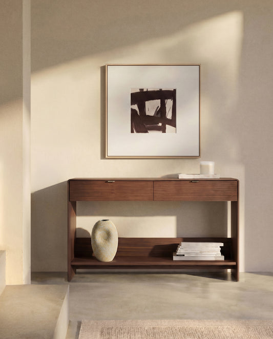 Console Norlen 2 tiroirs et étagère en placage de noyer FSC Mix Credit 120 x 81 cm