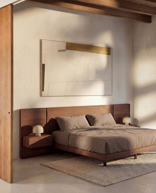 Lit Norlen avec 2 tables de nuit en placage de noyer avec finition foncée et lumière LED pour matelas 160 x 200 cm FSC Mix Credit