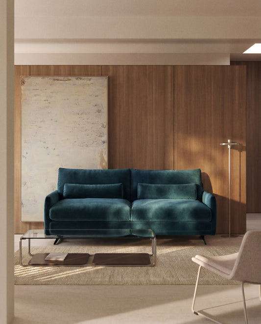 Canapé 2 places Veliro ignifugé en velours turquoise intense et pieds en acier avec finition noire 210 cm FSC Mix Credit