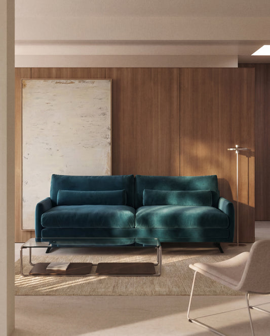 Canapé 3 places Veliro ignifugé en velours turquoise intense et pieds en acier avec finition noire 240 cm FSC Mix Credit