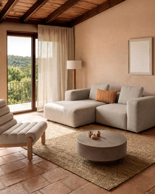 Canapé Blok 2 places en chenille avec méridienne gauche beige 240 cm – FSC Mix Credit