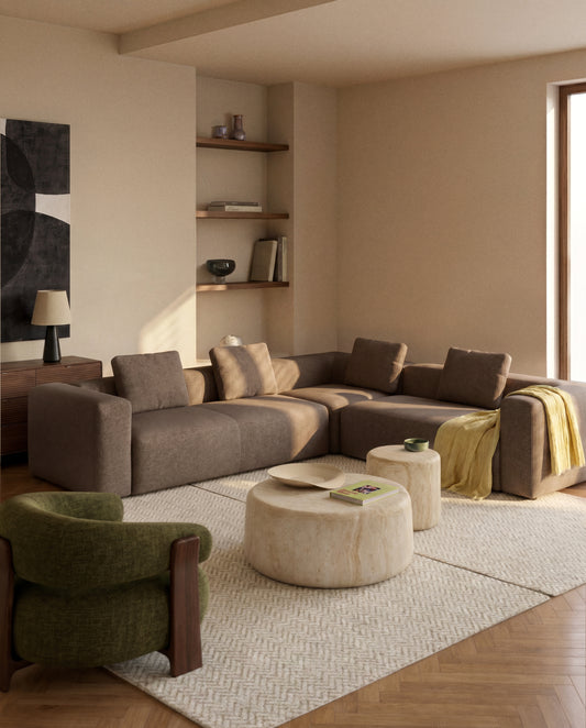 Canapé d’angle Blok 5 places en chenille marron 320 x 320 cm – FSC Mix Credit