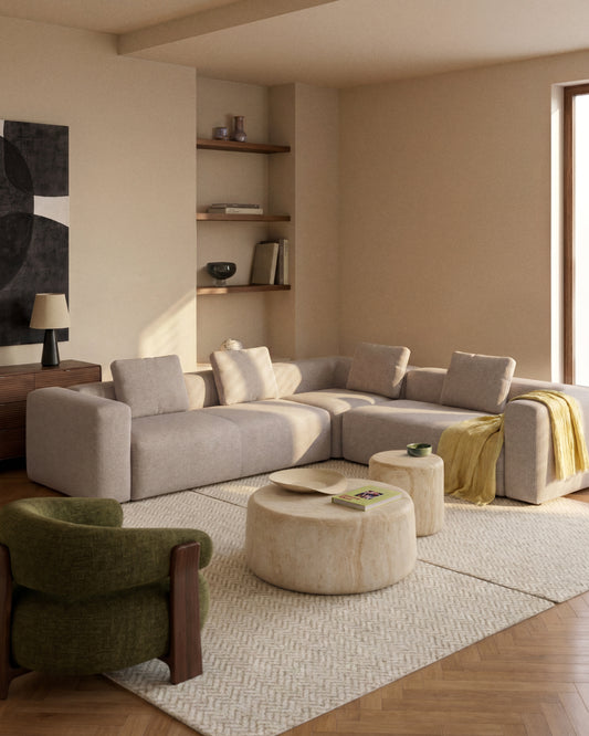Canapé d’angle Blok 5 places en chenille beige 320 x 290 cm/290 x 320 cm – FSC Mix Credit
