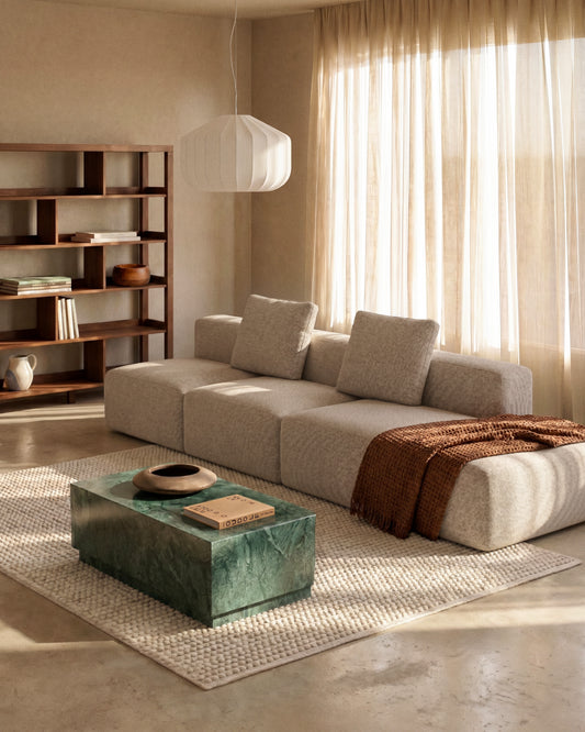 Canapé Blok 3 places avec pouf terminal gauche en chenille beige 325 cm – FSC Mix Credit