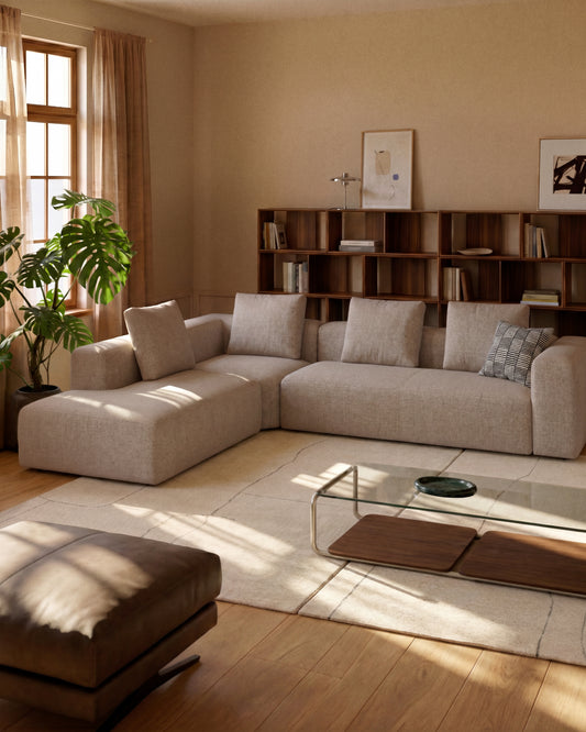 Canapé d’angle Blok 5 places avec pouf terminal gauche en chenille beige 255 x 320 cm – FSC Mix Credit