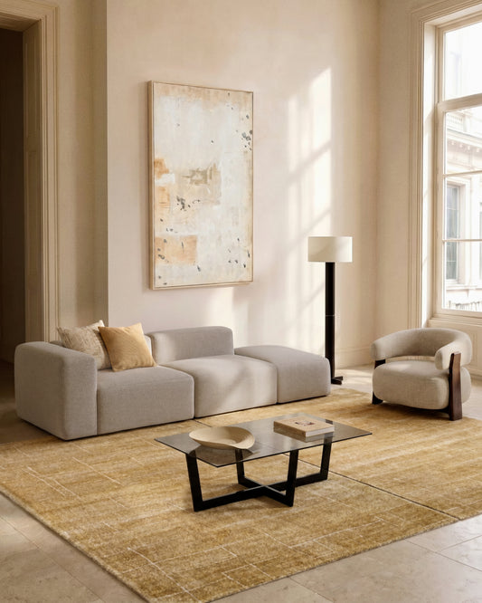 Canapé Blok 3 places avec accoudoir droit et pouf terminal en chenille beige 270 cm – FSC Mix Credit