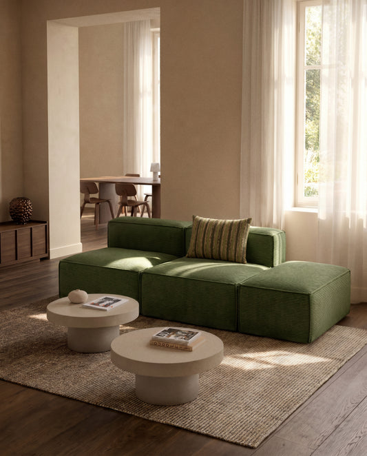 Canapé Blok 3 places avec pouf terminal en velours côtelé épais vert 240 cm – FSC Mix Credit