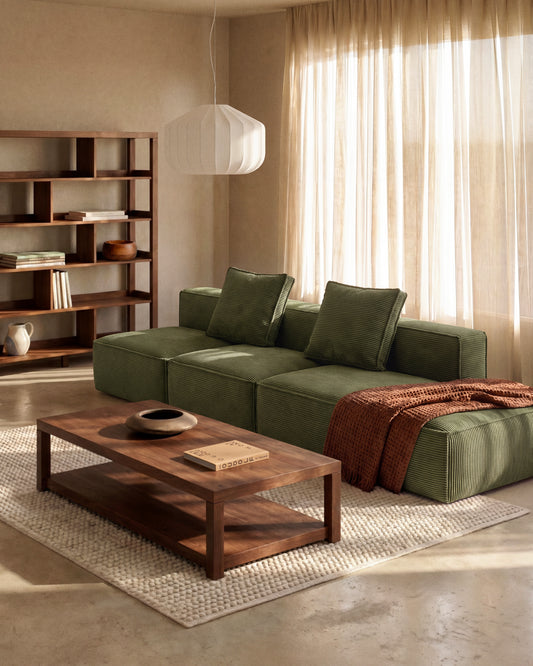 Canapé Blok 3 places avec pouf terminal droit en velours côtelé épais vert 325 cm – FSC Mix Credit