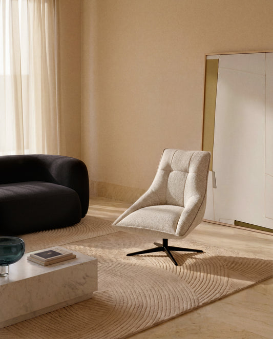 Fauteuil pivotant Dirala en chenille beige et acier avec finition noire FSC 100 %