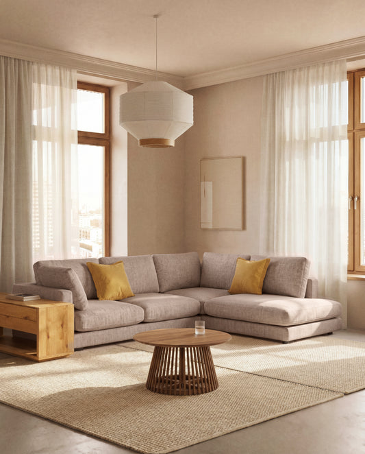 Canapé d’angle Gala 5 places avec pouf terminal gauche en micro-bouclette beige 225 x 300 cm – FSC Mix Credit